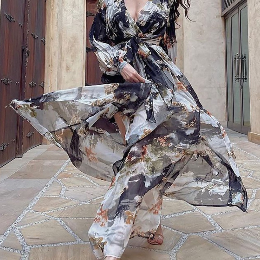 Fashion Nova Floral Maxi Dress - Black, White, Green, Orange